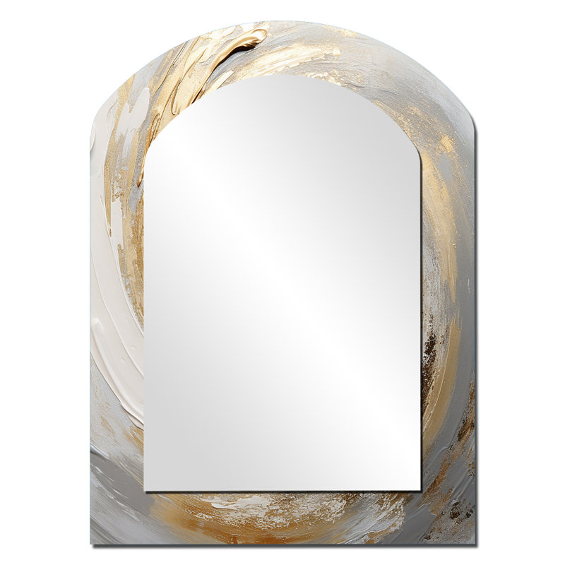 Vortex doux doré et blanc Vortex III - spirale abstraite, miroir asymétrique unique, grand miroir mural arqué beige, impression d'art en métal