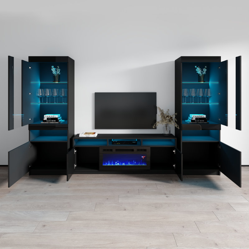 Azniv 110.2" Modern Entertainment Center with Electric Fireplace, High Gloss Finish, Media Storage, Black
