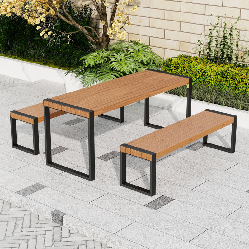 3-Piece Outdoor Dining Table Set with Patio Table, 2 Benches, Acacia Wood Top and Steel Frame