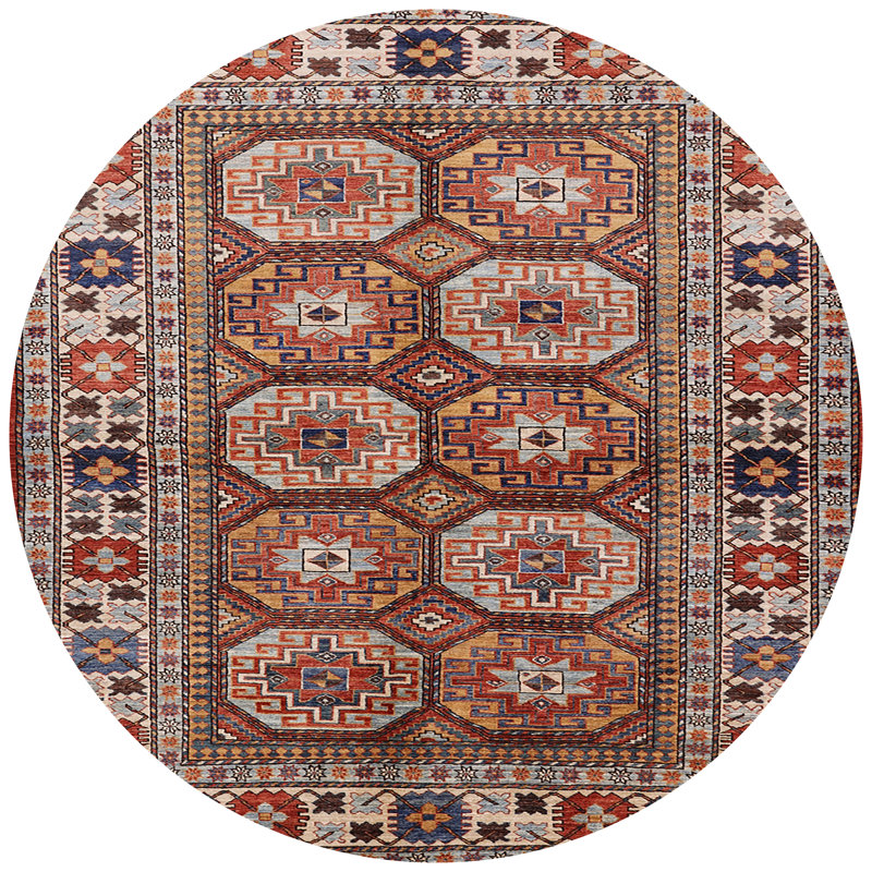 Tapis géométrique brun / beige / bleu, Rond 7 pi