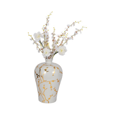 Elegant Floral Ceramic Tall Open Jar for Home Decor Styling - Handcrafted Chinoiserie Table Jar with Metal Detail for Living Room or Entryway Display