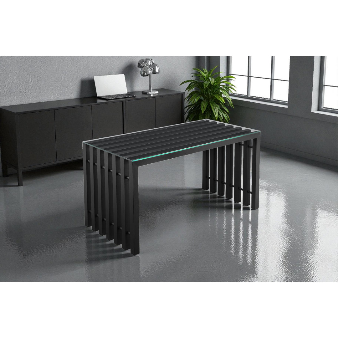 Pangea Home Vlad Glass Modern Metal Desk – Brushed Steel Writing Desk, Industrial Contemporary Writing Executive Office Table, Silver or Black Finish Upper Square™ 