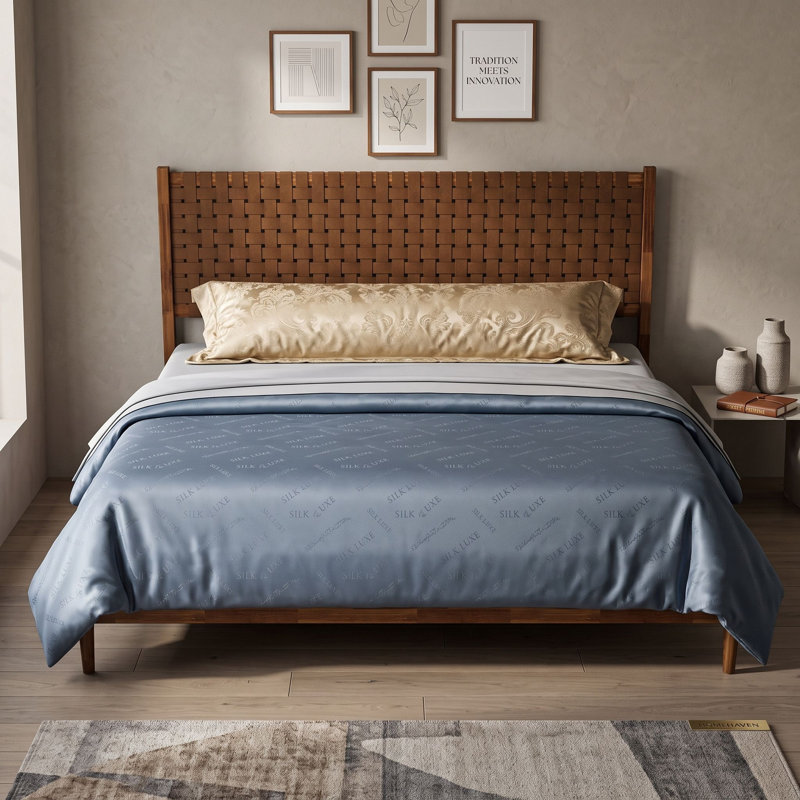 Lit plateforme Mid-Century moderne en bois avec tête de lit en cuir végétalien tissé, King, Caramel
