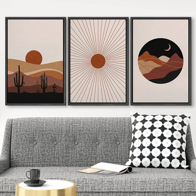Ensemble de 3 reproductions sur toile Mid-Century Sun Moon, H 36 po x l 72 po x P 1,5 po, Cadre flottant noir
