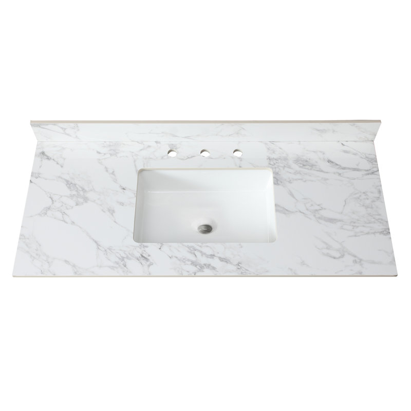 Comptoir de meuble-lavabo 49 po x 22 po - Blanc pierre fritté, lavabo rectangulaire encastré en céramique, et attrayant, 3 trous de robinet, convient à une armoire de 48 po, facile à installer, comprend un dosseret blanc