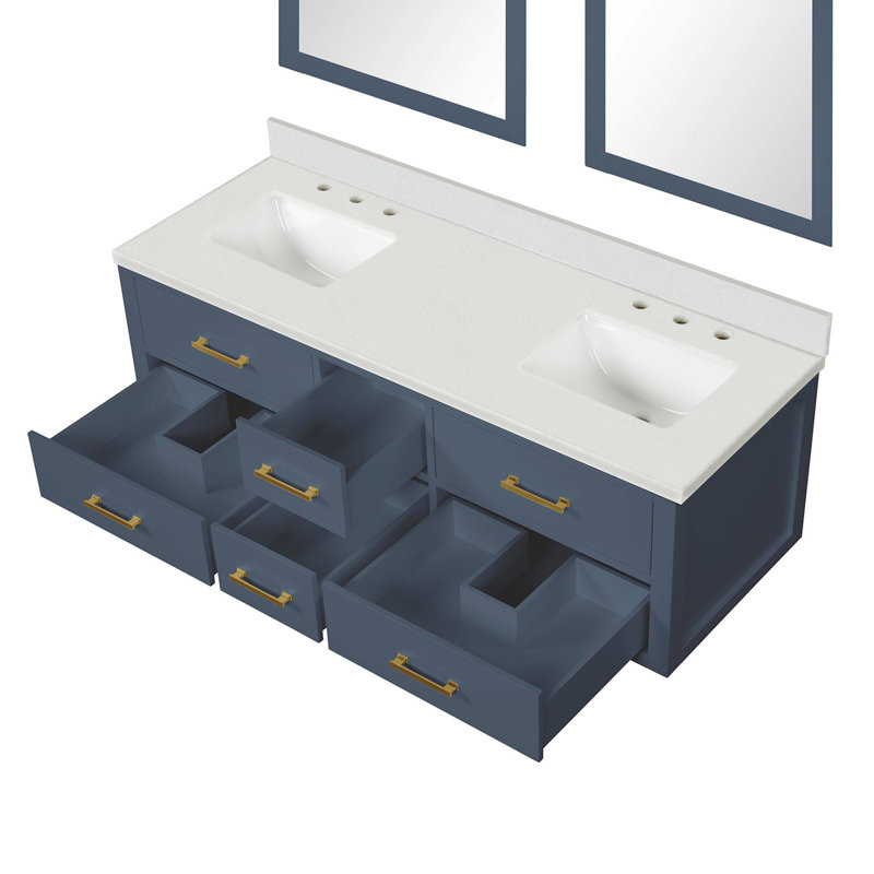 Meuble-lavabo double bleu avec comptoir en quartz blanc Miroirs - l 60 po x P 22 po, fermeture en douceur, cadre en bois massif, remplissage