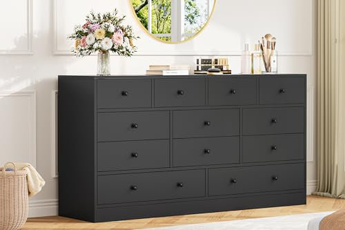 12 Drawer Dresser for Bedroom, 61 in Long Modern White Dresser TV Stand with Charging Station, Black