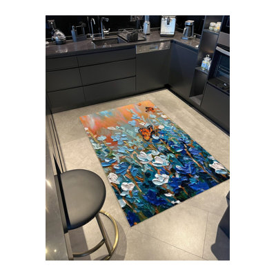 Pastel Blue Orange Themed Grass Flower and Butterfly Pattern Modern Decorative Machine Washable Rug