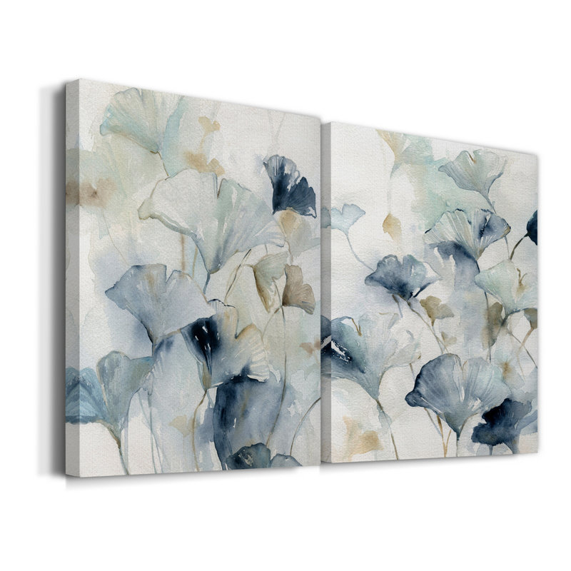 Indigo Ginkgo I - ensemble d'art textuel sur toile tendue 2 pièces, H 27 po x l 36 po x P 1,5 po