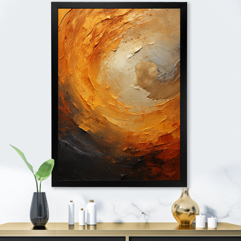 «Gold Orange Desert Mirage Spiral I», art mural abstrait en spirale, H 40 po x l 30 po x P 1,5 po, Cadre simple noir