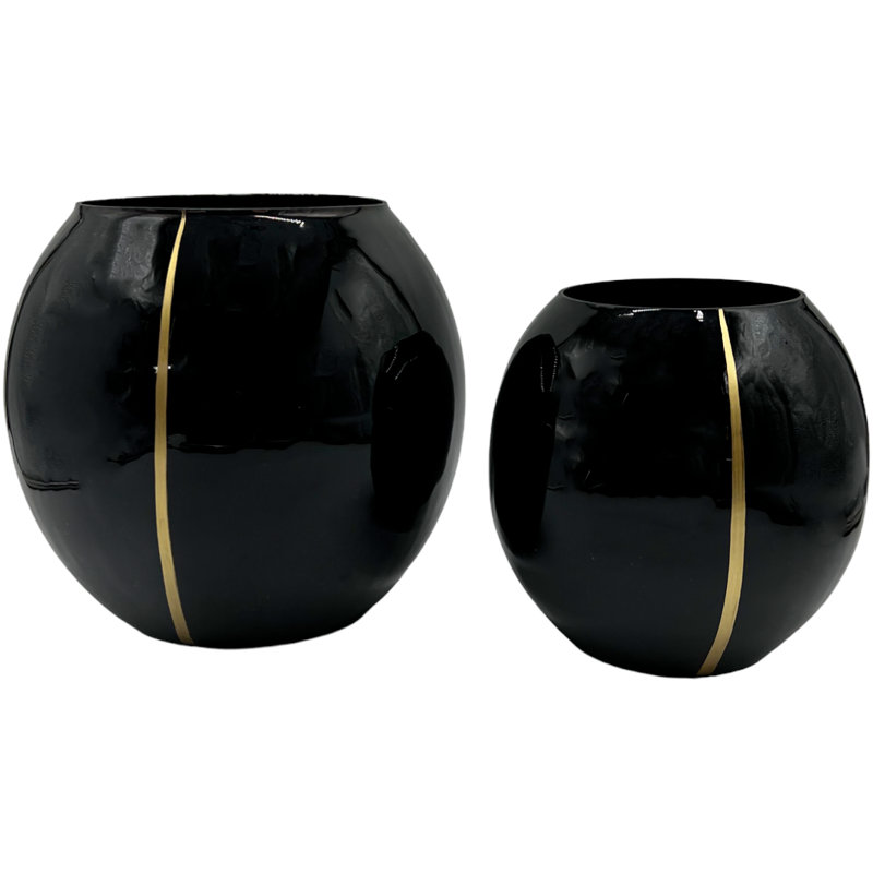 Handmade Glass Table Vase for Flowers with Stripe Design in Black and Ivory -Set of 2, Black