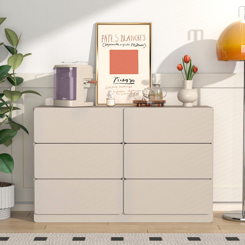 6-Drawer Storage Cabinet with Rounded Corners, Multi-Functional Sideboard Console Table, Light Gray
