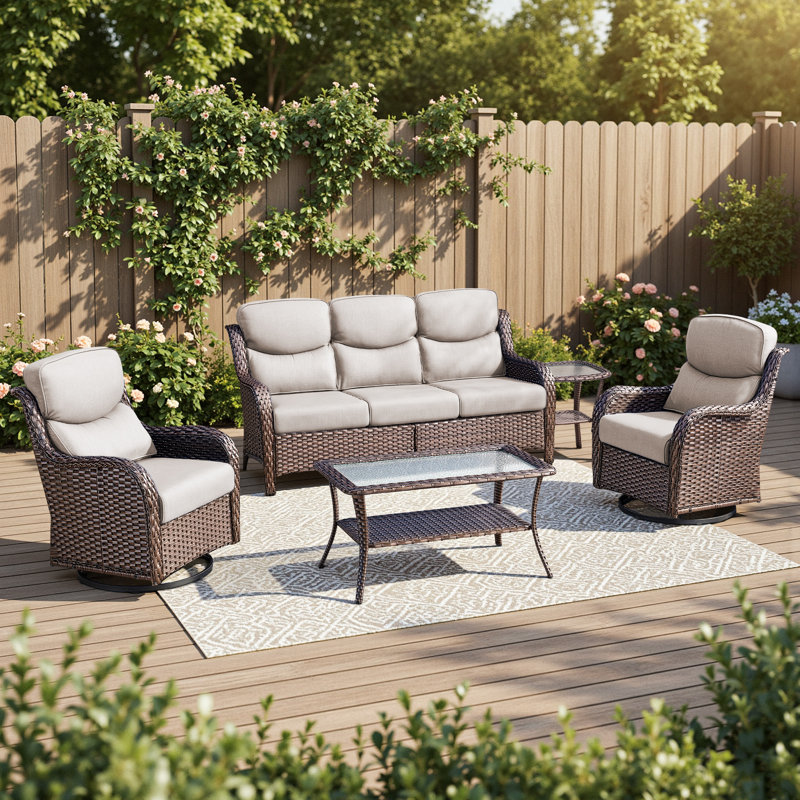 Ensemble 5 pièces de canapé de patio et de chaises pivotantes en osier avec table basse, Beige, Brun