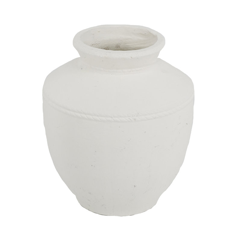 Round Terracotta Vase - Natural White Finish, 15.7" H x 13.8" W x 13.8" D