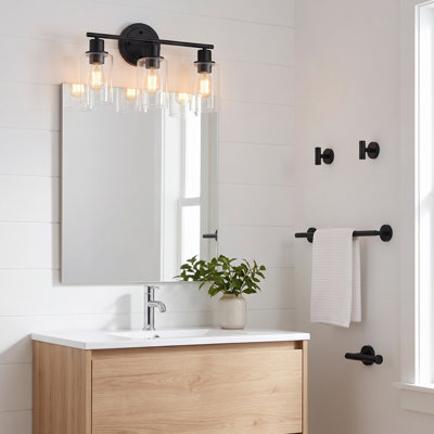 Luminaire de salle de bain 3 lumières avec abat-jour en verre transparent et ensemble de salle de bain 3 barres Rowel de 16,04 po, un porte-papier hygiénique et deux crochets à peignoir, 5 pièces