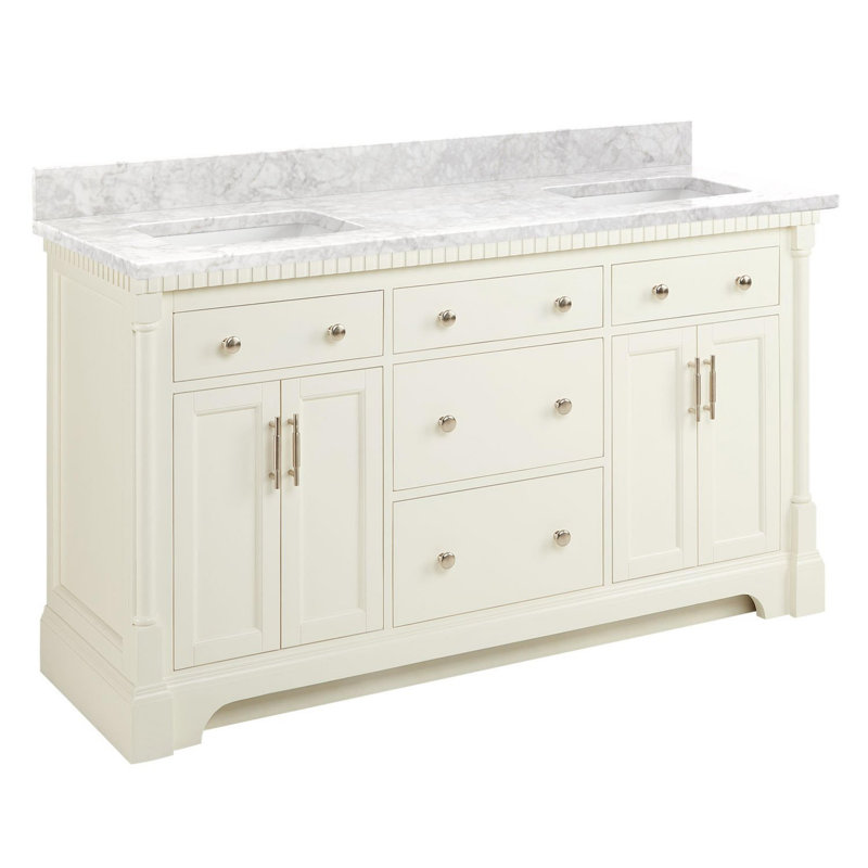 Claudia 60" Mahogany Double Basin Vanity Set with Cabinet, Vanity Top, Carrara Marble, White, No Faucet Hole