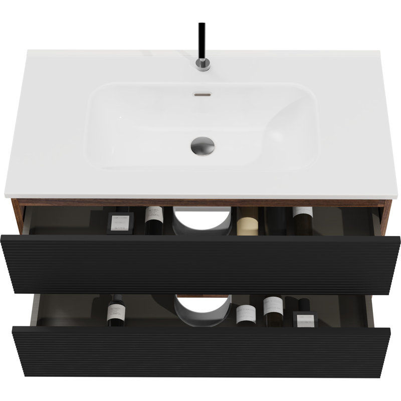 Meuble-lavabo noir et noyer doux 36 po avec lavabo en céramique intégré, trop-plein, conception flottante, tiroirs rayés élégants, glissières silencieuses, 20% plus d'espace de rangement en noyer, mélange de couleurs, poignée fermée