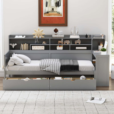 Lit de jour simple en bois avec tablettes de rangement, lit multifonctionnel avec deux tiroirs de rangement et bureau d'étude, gris