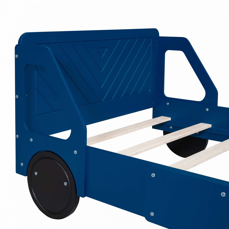 Lit plateforme en forme de voiture avec roulettes, Bleu, Simple