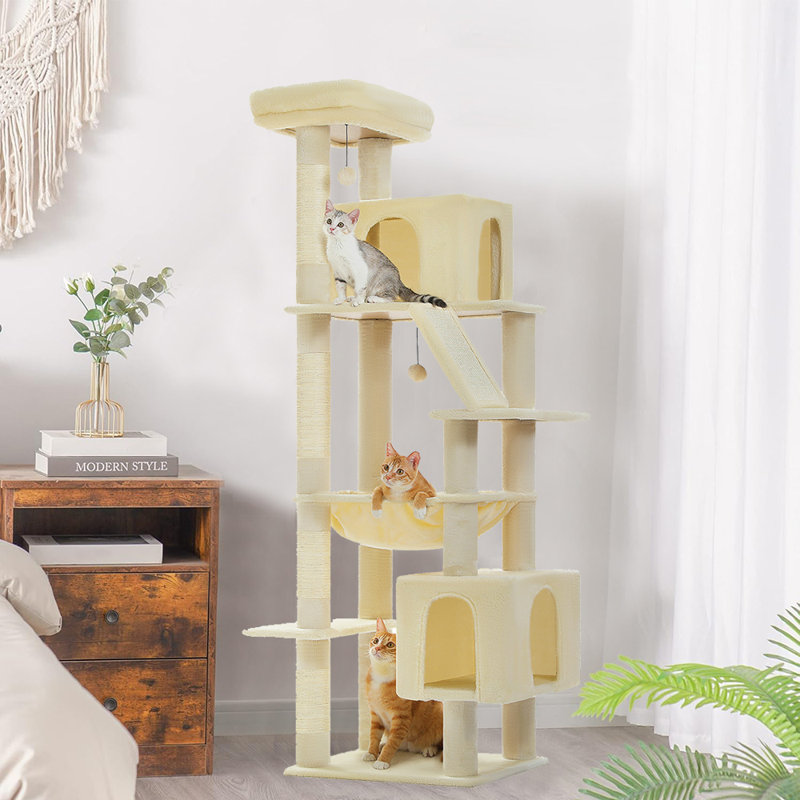 Arbre à chat Crawfordsville 71 po multi-usages, arbre à chat multi-niveaux avec condo, hamac, griffoir pour chat, Beige