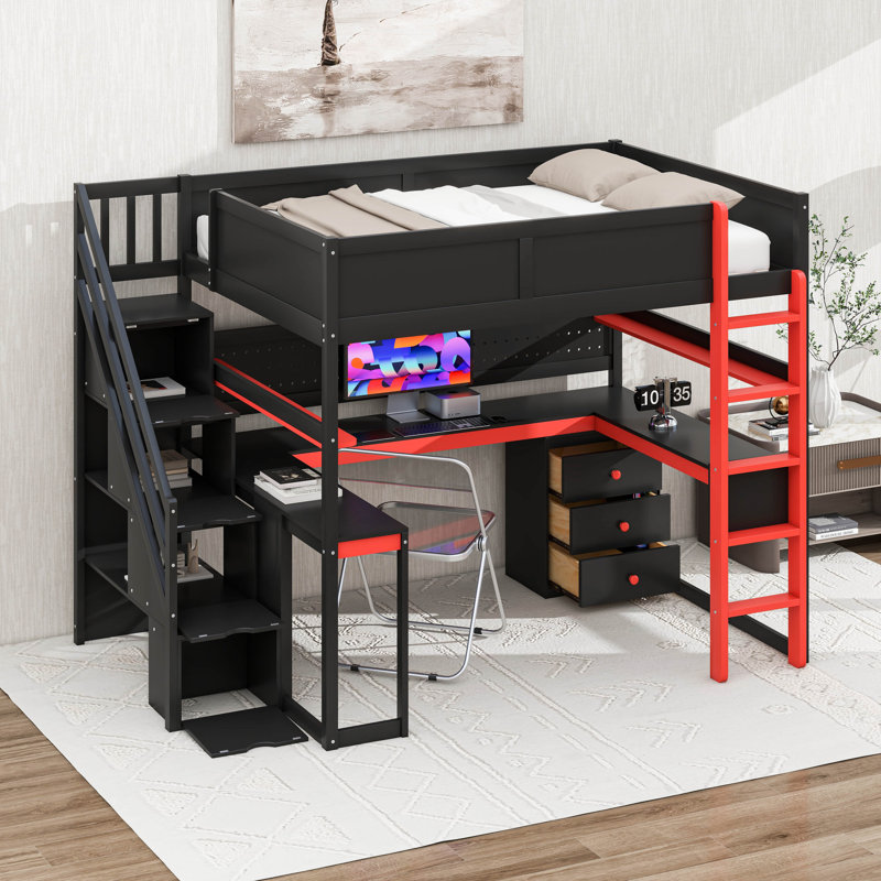 Lit mezzanine double Designs avec bureau et escalier de rangement, tablettes et panneau perforé, Lit double, Noir / Rouge