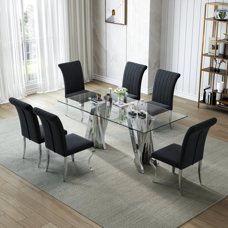 70" Modern Tempered Glass Dining Table Set With Sculptural Stainless Steel Base & Velvet Upholstered Chairs – Sleek Minimalist Design For Contemporary Dining Rooms