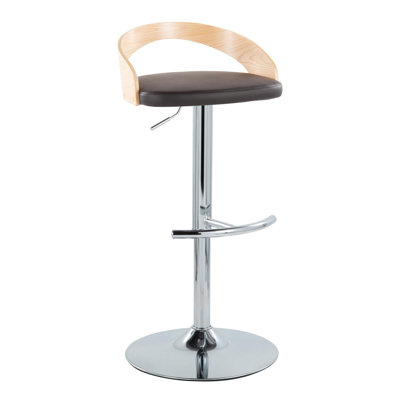 Grotto Contemporary Adjustable Barstool in Metal,  Wood and Faux Leather with Round T Footrest By 