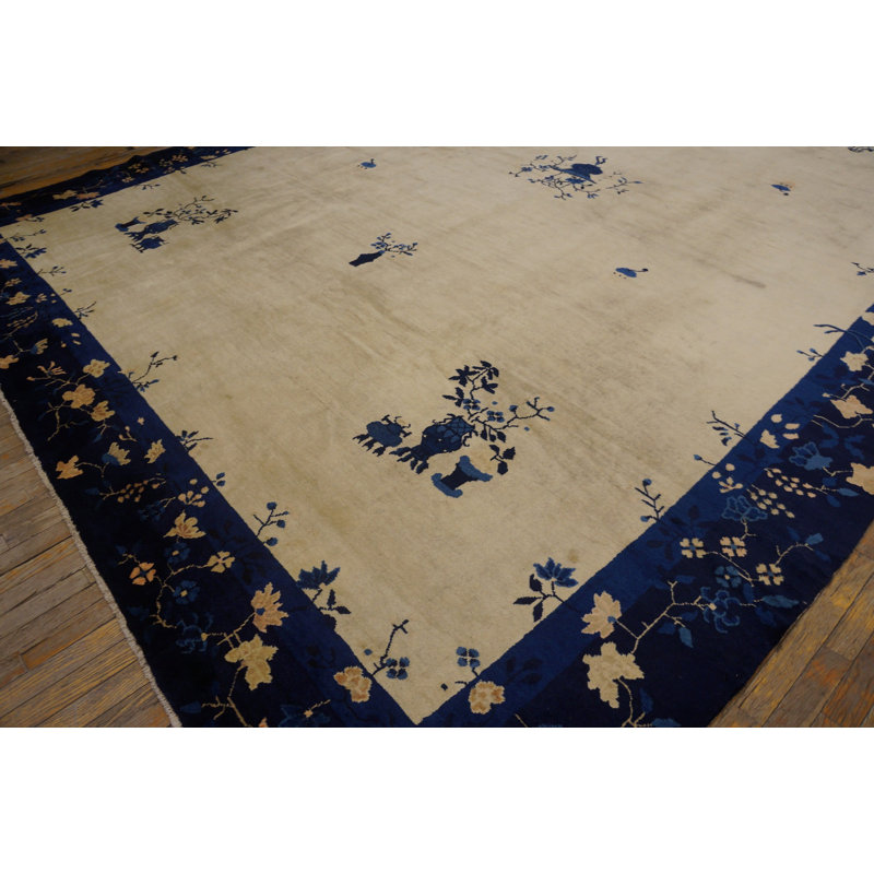 1920s Rectangle Hand Knotted Pile Wool Antique Blue Large Rug