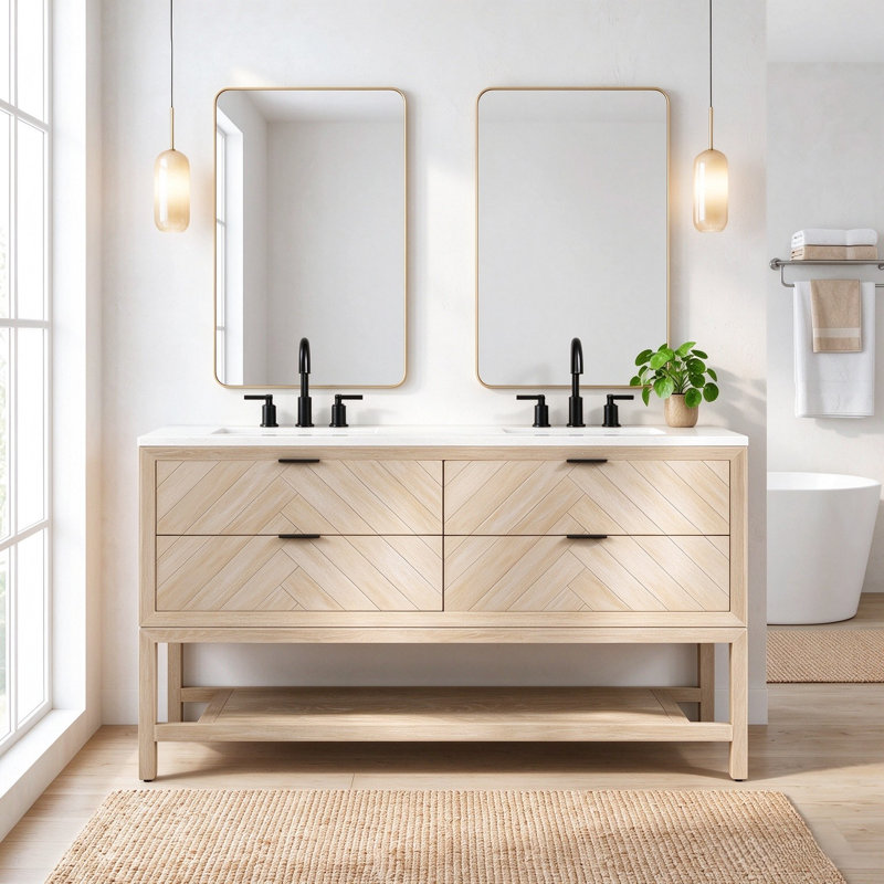 60" Freestanding Double Sink Solid Wood Natural Oak Bathroom Vanity with Engineered Marble Top, White Washed Oak