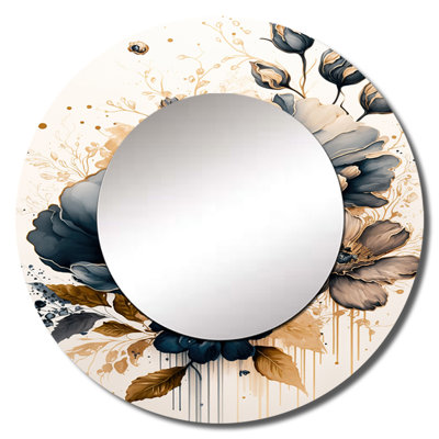 Prisicilla Navy Blue And Gold Poppy Flowers III - Poppy Wall Mirror, Blue Round Decorative Mirror, Printed Metal Art