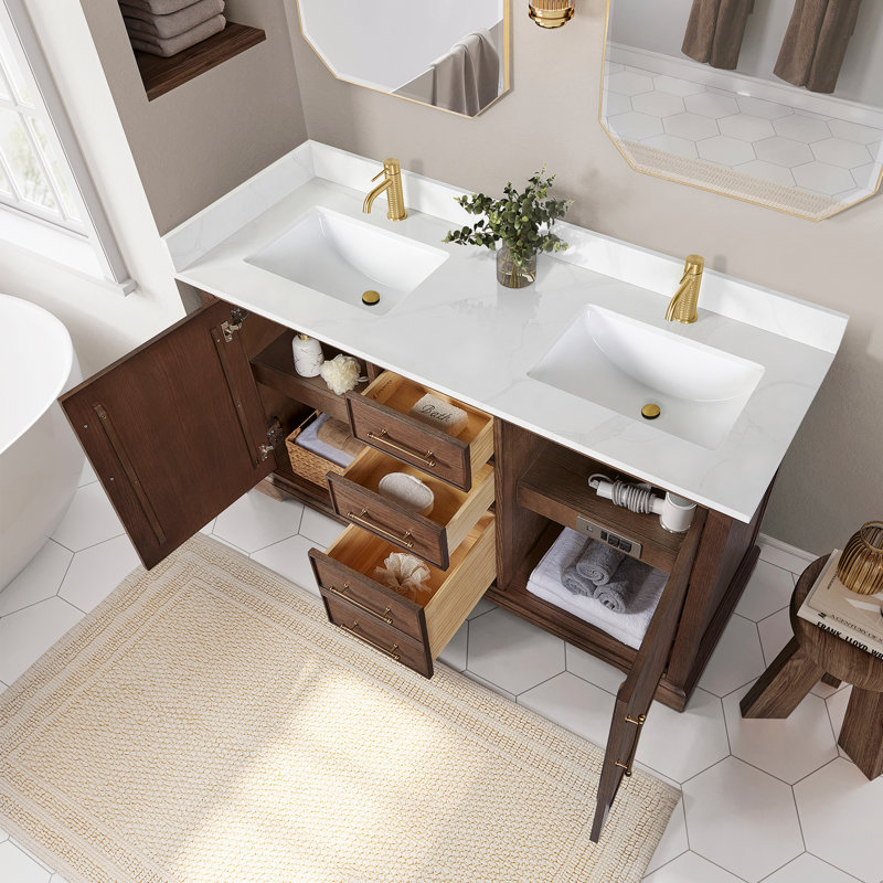 Meuble-lavabo double 60 po avec plateau en pierre de quartz blanc soyeux Friedliese, Chêne brun foncé vieilli