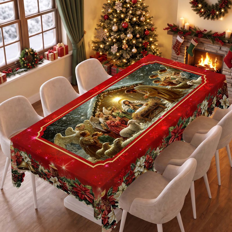 Machine-washable red Christmas Jesus design polyester tablecloth, 70" L x 55" W