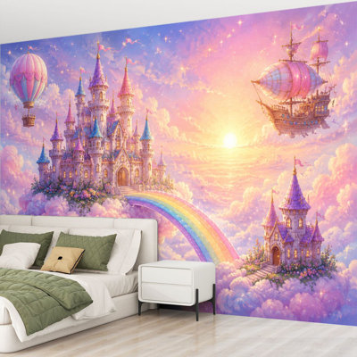 Wall Mural Peel and Stick Wallpaper Fantasy Castle Clouds Rainbow Airship Sunset Self-Adhesive Removable Contact Paper Wall Decor for Living Room Bedroom 69"H x 96"W