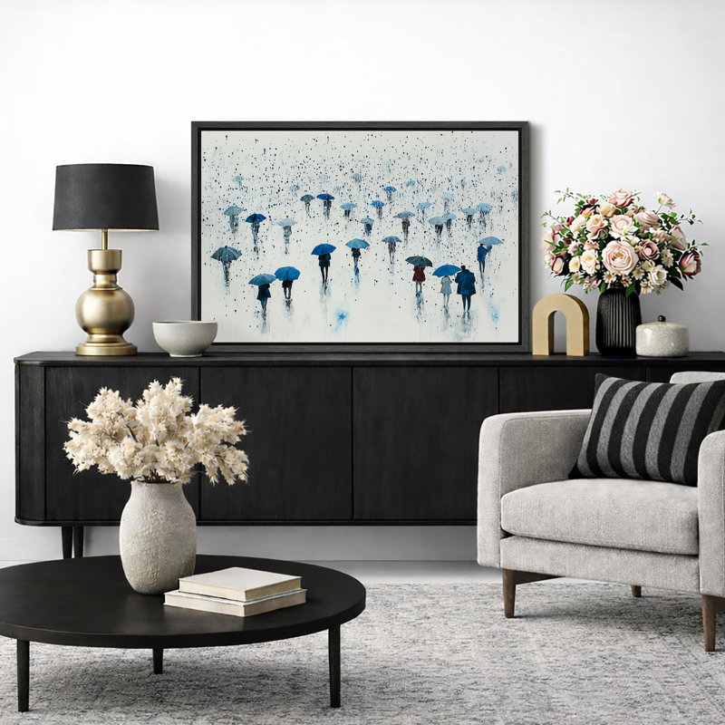 "Blue Umbrella Rain Scene Art", photos de salon, impression sur toile encadrée, H 16 po x l 24 po x P 1,5 po, Cadre noir