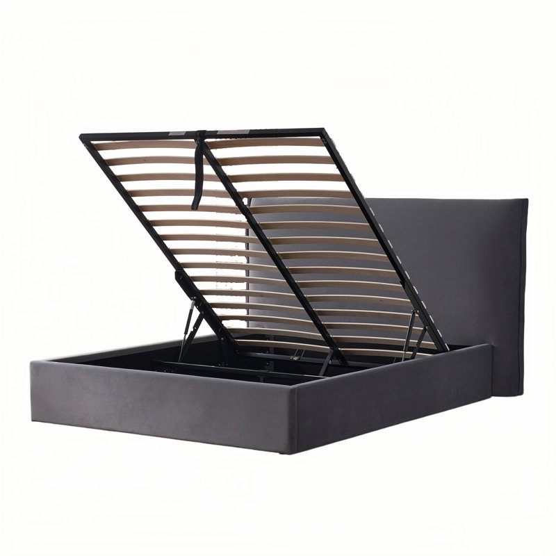 Grand lit de rangement rembourré hydraulique, velours gris, Queen, Grey