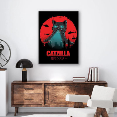 Catzilla Print - Funny Cat Monster Wall Art - Pop Culture Pet Poster - Cartoon Kaiju Cat Artwork - Quirky Animal Decor - Modern Humorous Wall Hanging - Home Bedroom Office Decoration Art Print