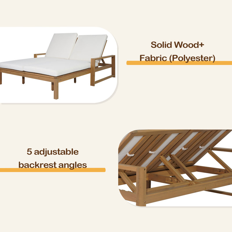 Outdoor Double Lounge Chair With 5-Position Adjustable Backrest For Each Seat, Wood Patio Chaise Lounge With Removable Cushions For Patio
