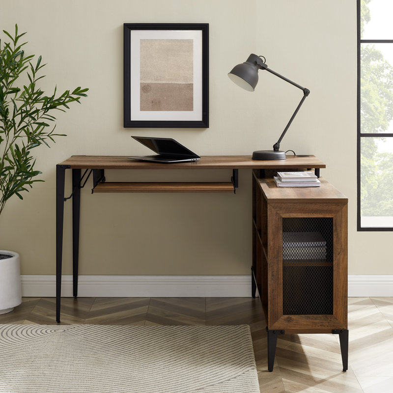 Onamia L-Shaped Metal Base Computer Desk, Rustic Oak