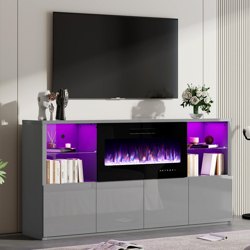 Bhhatu 68'' W High Gloss TV Stand with 35.6'' Fireplace, Gray