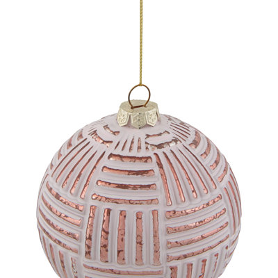 Pink and Gold Striped Matte Glass Christmas Ball Ornament 4" (100mm)