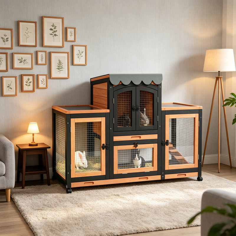 Cage à lapin d'intérieur avec gardes à urine, cage à lapin extérieure résistante aux intempéries avec roue et plateau, portes arquées