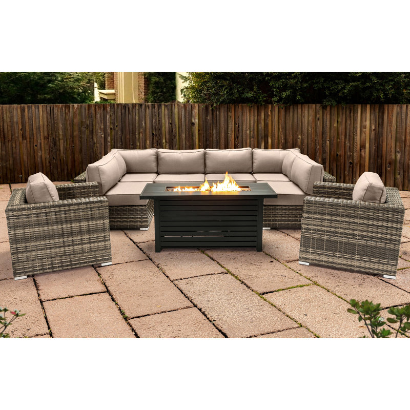 Lsi 9 Pieces Sectional Seating Group With Metal Firepit And Sunbrella Cushions, Beige