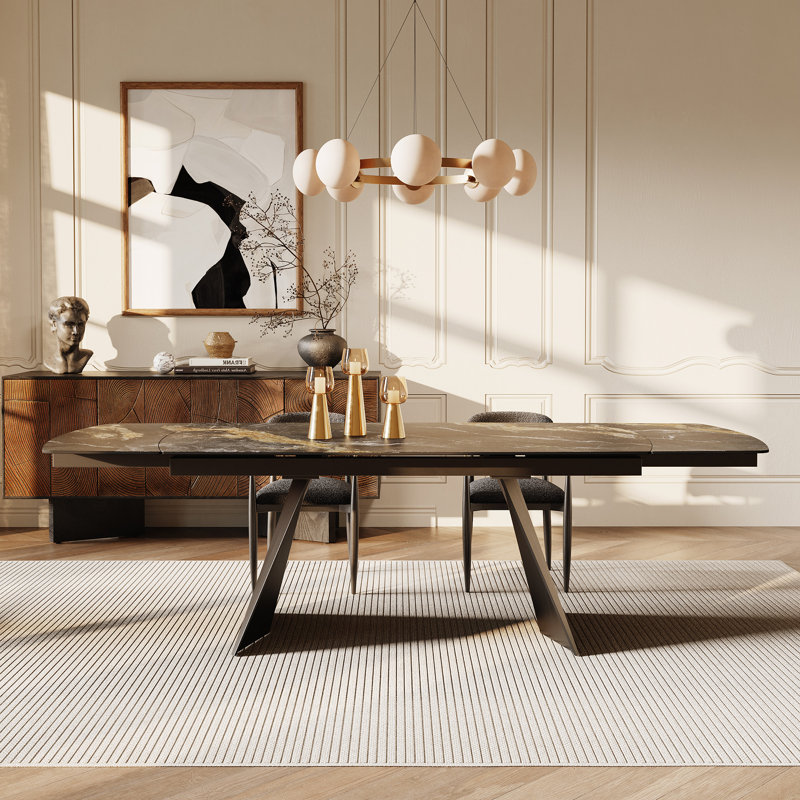 Moiser 65" to 94.5" Extendable Dining Table For 8-10 with Sintered Stone Top, Matte Black Gold Sand