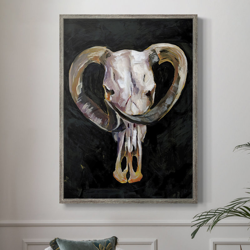 Horned Skull II, reproduction encadrée - bois massif, H 11 po x l 9 po