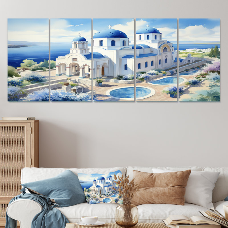 Coastal Orthodox Church In Grèce I - Grèce, art mural sur toile 5 pièces, H 28 po x l 60 po