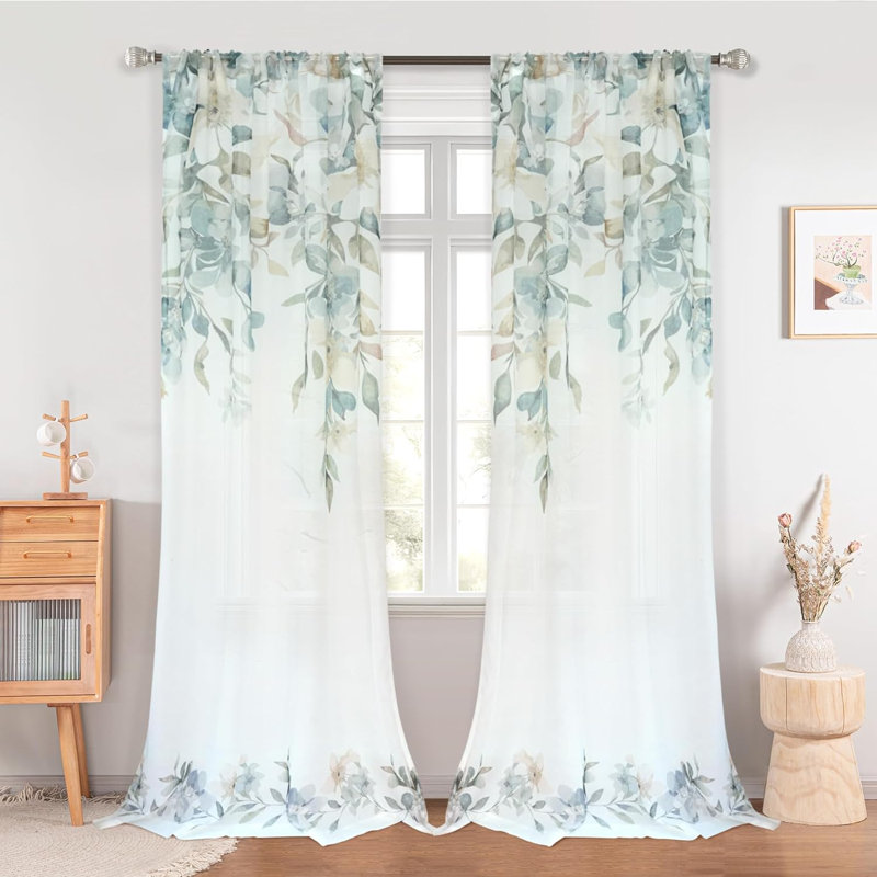 Paire de rideaux transparents Rennee Ployester, L 52 po x L 84 po, Blanc/vert