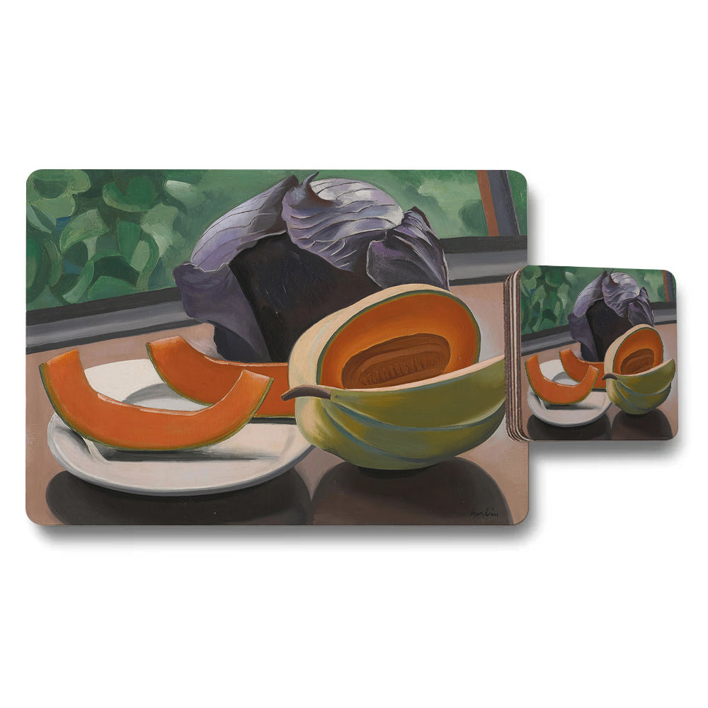 Fruit Still Life Placemat And Coaster Set With Melon Slices