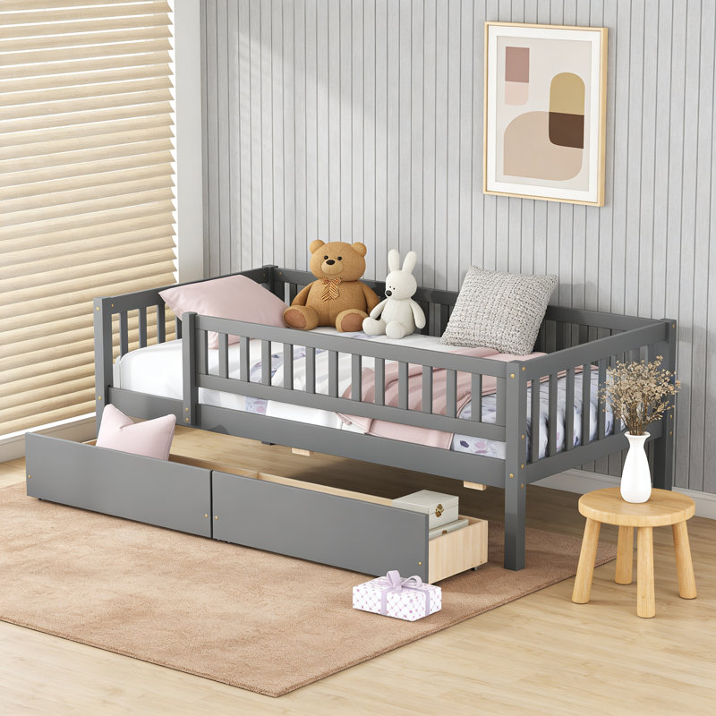 Daybed Wood Bed with Two Drawers, Gray, Twin
