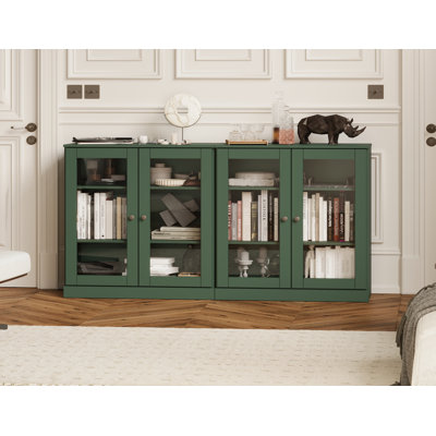 Buffet 100% bois massif 64 po avec portes en verre givré, 4 tiroirs
