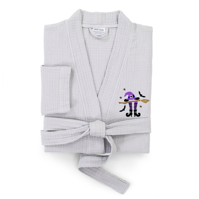 The Holiday Aisle® 100% coton turc unisexe Smyrna hôtel / spa robes brodées - chapeau-balai-pieds, TG, Gris
